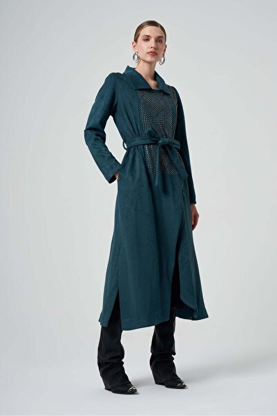 Generic Brand Belted Long Coat with Stud and Rhinestone Detail - Emerald