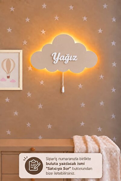 BugyBagy El Boyaması Çocuğun İsmine Özel Rengarenk Ahşap Bulut Lamba Yıldız H...