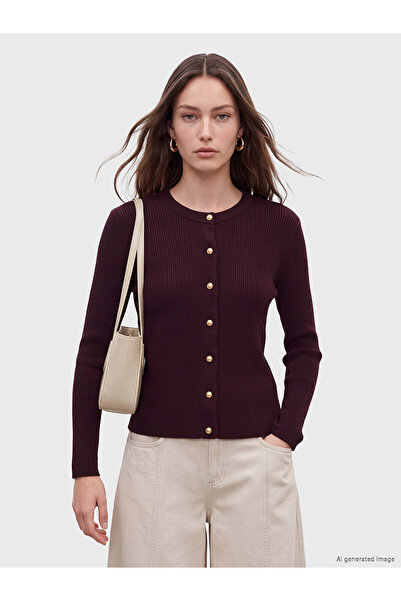 LC Waikiki Lcw Modest Burgundy Knitwear Plain Women's Cardigan with Nevavm Di...