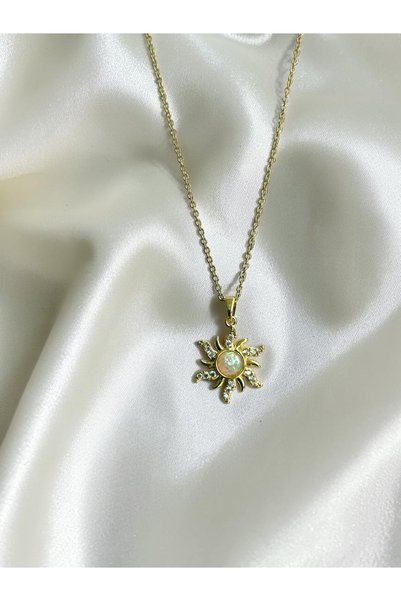 AUREON GOLD Gold Beyaz Opal Taşlı Güneş Figürlü Çelik Kolye