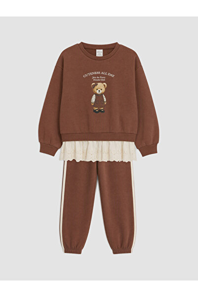 LC Waikiki Rmz Gi̇yi̇m Farkiyla Cute Teddy Bear Printed Girls' Tracksuit Set