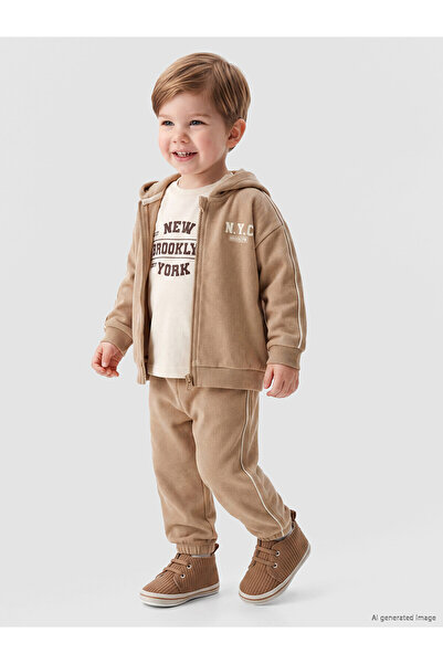 LC Waikiki Two Mt Shop Quality Lcw Baby Beige Nyc Printed Baby Boy Set 3-Piece