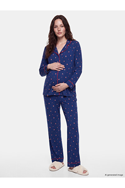 LC Waikiki Rmz Gi̇yi̇m Farkiyla Shirt Roba Collar Embroidered Maternity Pajam...