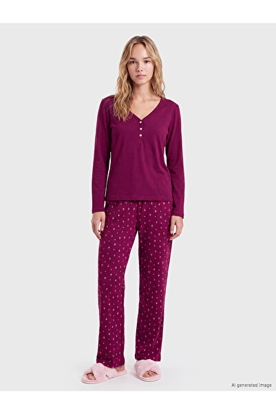 LC Waikiki Vizyon New Season Red V-Neck Printed Women's Pajama Set