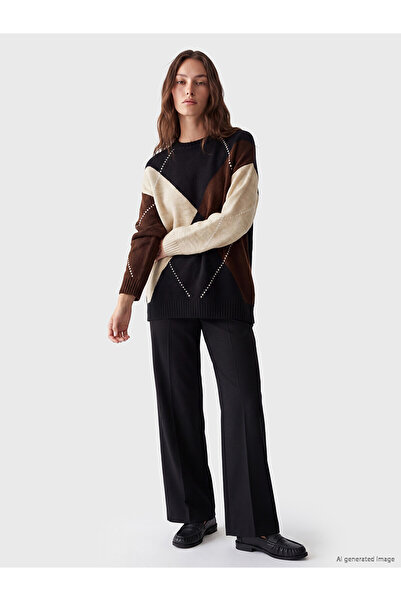 LC Waikiki Nevavm Lcw Modest Black Knitwear with Diamond Pattern Loose & Spac...