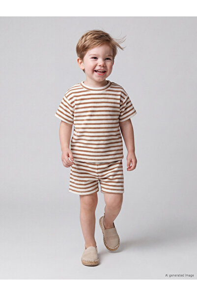 LC Waikiki Two Mt Shop Quality Lcw Baby Brown Striped Baby Boy Shorts Set