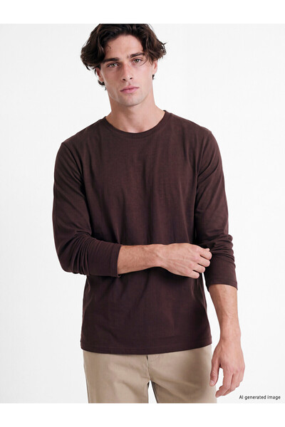 LC Waikiki Peak New Season Plum Crew Neck Long Sleeve Combed Cotton Men's T-S...