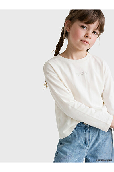 LC Waikiki Peak New Season Ecru Crew Neck Embroidered Girls' T-Shirt