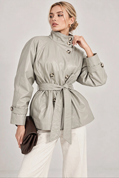 Lusin Women's Beige Stand Collar Belted Stylish Soft Textured Lined Button De...