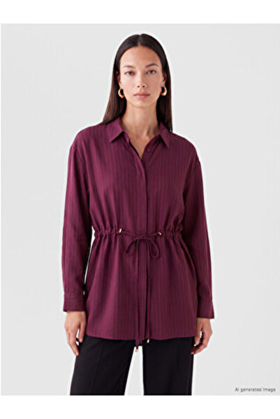LC Waikiki Burgundy Lace-Up Waist Striped Women's Shirt Tunic