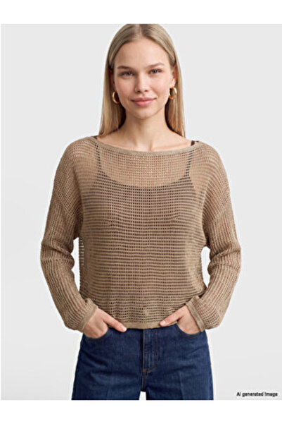LC Waikiki Brown Boat Neck Openwork Women's Knitwear Sweater