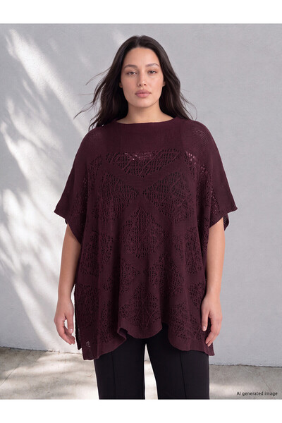 LC Waikiki Nevavm Farkıyla Lcw Curve Burgundy Knitwear Openwork High Neck Wom...