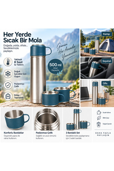 Genel Markalar Paslanmaz Çelik 3 Bardaklı Termos Seti 500 ml