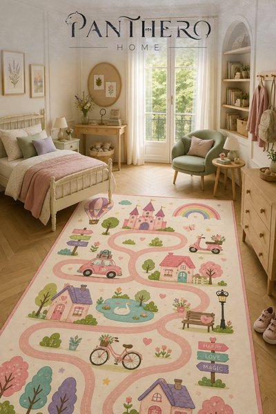 Panthero Home Pembe Masal Şehri Yol Desenli Kaymaz Taban Süngerli Yıkanabilir...