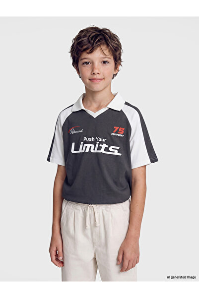 LC Waikiki Peak New Season Anthracite Polo Collar Printed Boys' T-Shirt