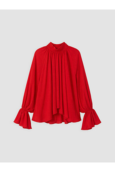 LC Waikiki Peak New Season Red High Neck Gathered Blouse