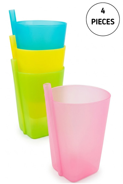 BULLGA Four-Piece Plastic Cup Set for Children with Integrated Straw and Capa...
