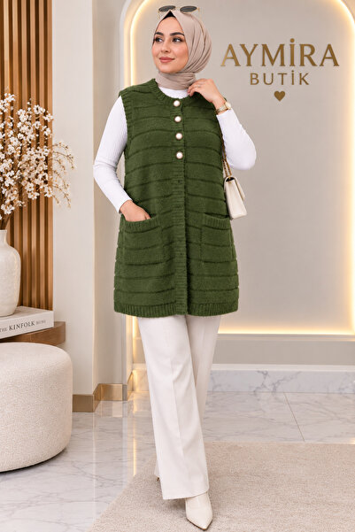 aymiraa Women's Ecru Knitwear Vest, Hijab-Compliant, Buttoned, Pocketed, Long...