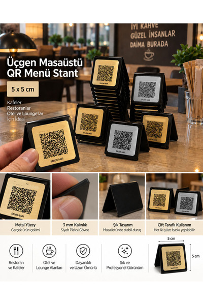 Genel Markalar 5x5 cm Üçgen Büküm Masa Üzeri QR Menü Stant - Çift Taraflı Met...