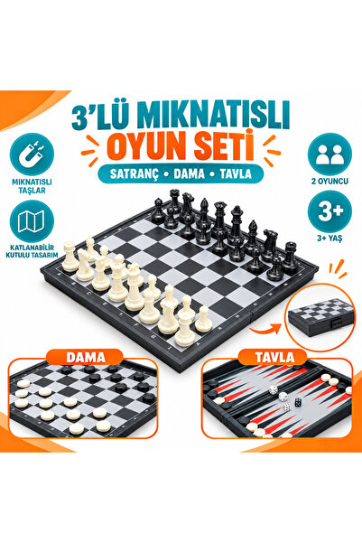 TOTTERİQ 3’lü Mıknatıslı Katlanabilir Satranç Dama ve Tavla Oyun Seti