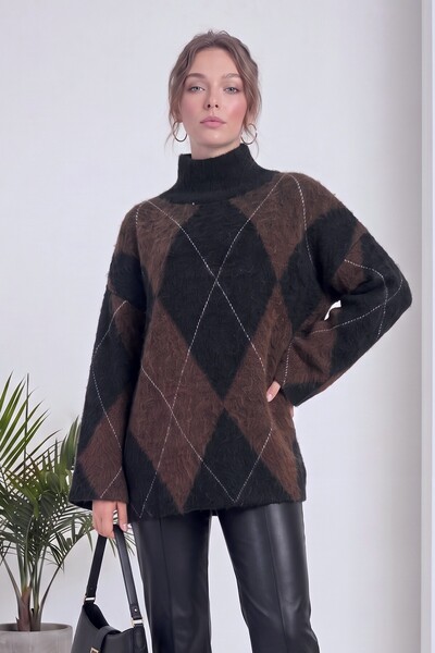 zks grup tekstil Women's Turtleneck Diamond Patterned Oversize Knitwear Sweat...