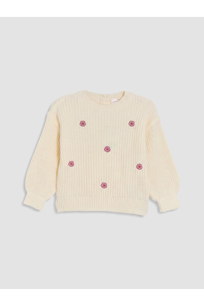 LC Waikiki Two Mt Shop Quality White Oval Collar Embroidered Girls' Knit Sweater