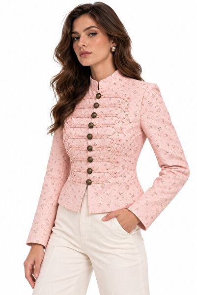 LOKADI Pink Floral Patterned Stand Collar Short Cavalry Jacket with Gold Butt...