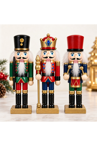 Coverzone 3’lü Ahşap Fındıkkıran Asker Seti 15 cm, Nutcracker Yılbaşı Süsü, N...