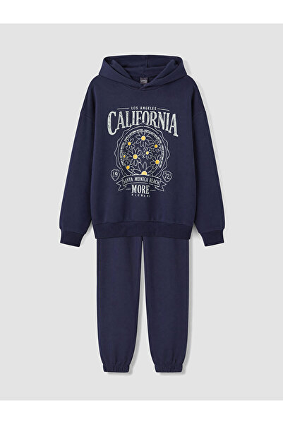 LC Waikiki Peak New Season Navy Blue California Printed Girls' Tracksuit Set