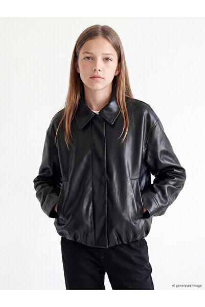 LC Waikiki Two Mt Shop Quality Lcw Kids Black Leather Look Girls' Coat