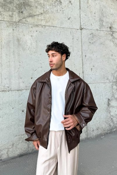 Sobce Oversize Premium Erkek Fermuarlı Siyah Deri Ceket