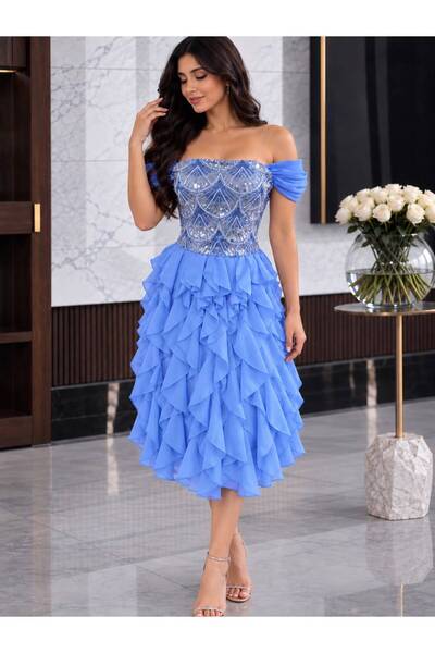 TREN Sky Blue Midi Evening Dress with Chiffon Ruffles and Sequined Bust.