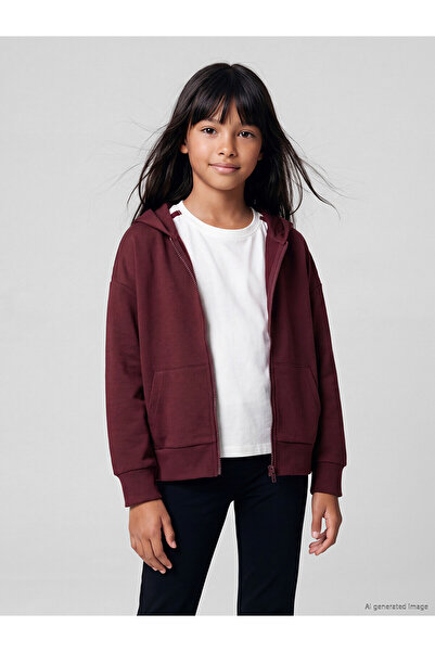 LC Waikiki Nevavm Burgundy Hooded Girls' Soft Touch Zippered Sweatshirt with ...
