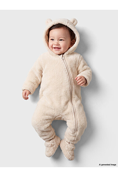 LC Waikiki Nevavm Lcw Baby Beige Hooded Baby Girl Plush Jumpsuit with a Diffe...