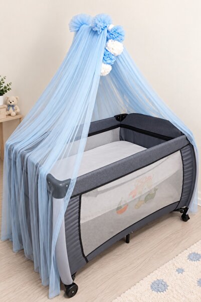 Baby Clime Bebe Mavisi Cibinlik Aparatlı Ponpon Süslü 6 Metre Likralı Tül
