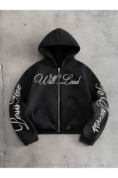 Minga London Will Lead Printed Unisex Black Zippered Cardigan