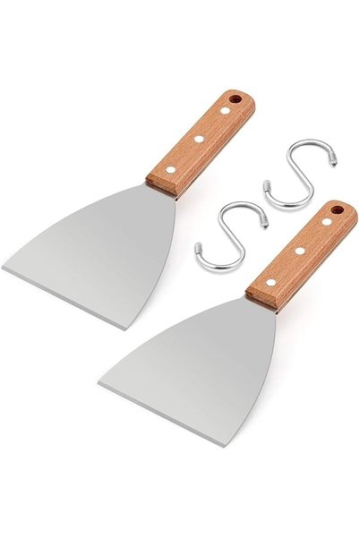 GENERAL Wooden Griddle Scraper Set of 2, E-far Stainless Steel Metal Grill Sc...
