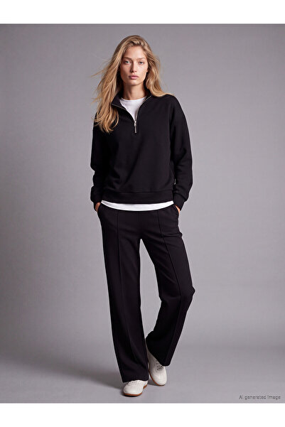 LC Waikiki Nevavm Lcw Comfort Black Interlock Plain Loose & Baggy Women's Swe...