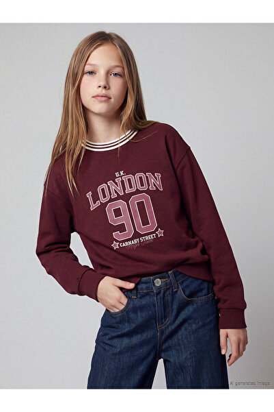 LC Waikiki Alita City Lcw Kids Plum London Printed Girls' Sweatshirt with a D...