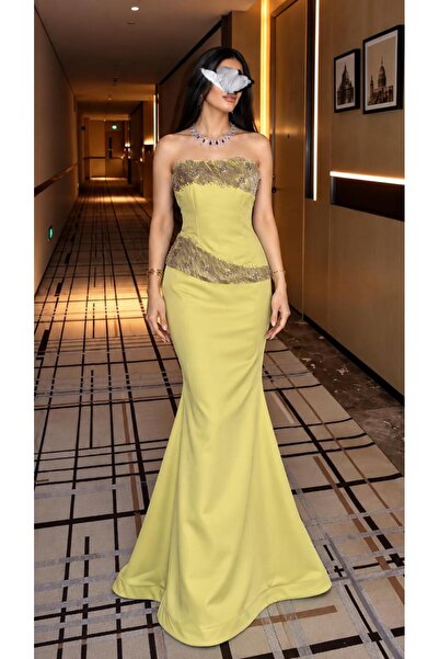 Olivia Style فستان سهرة نسائي أصفر ليموني بتصميم كورسيه بدون أكمام وتطريز مائ...