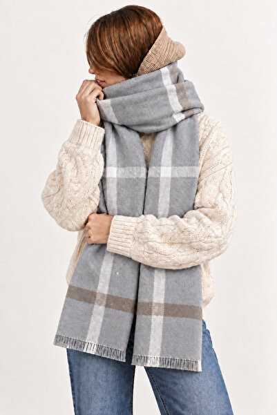 OUS Women's Gray Mink Plaid Oversized Soft Textured Tassel Winter Shawl Scarf...