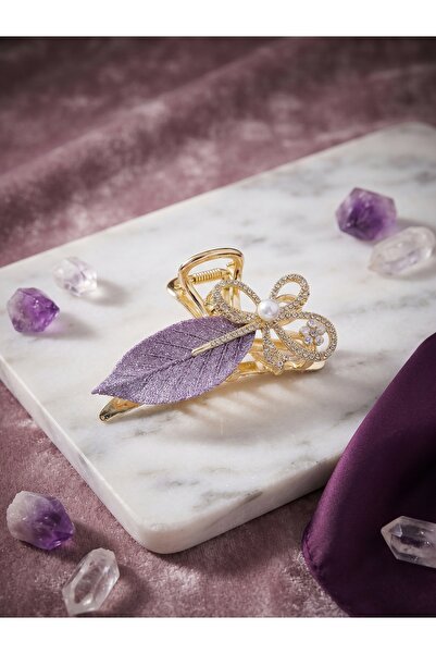 Lotus luxury Yaprak Desenli Taşlı Metal Premium Mandal Toka