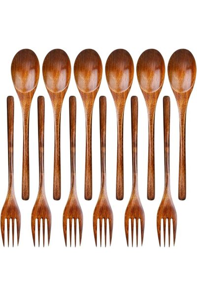 Home Zone 12Pcs Wooden Spoons and Forks Cutlery Set, Reusable Wooden Utensil ...