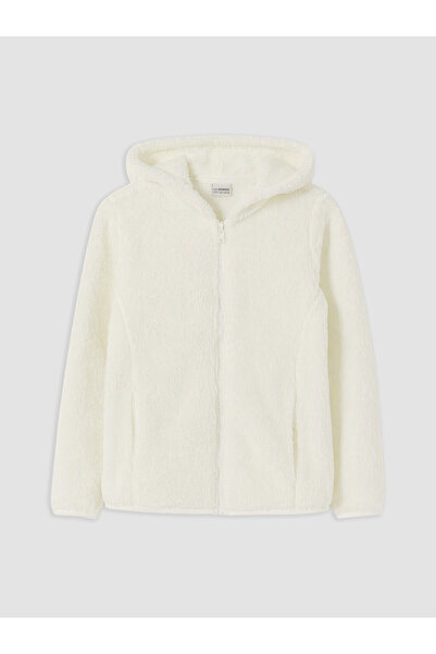 LC Waikiki Vizyon New Season White Hooded Girls' Plush Cardigan