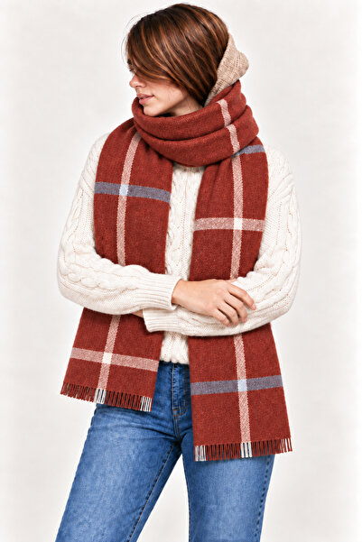 OUS Women's Brick Gray Plaid Oversized Soft Textured Tassel Winter Shawl Scar...