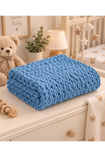 Generic Brand Hand Knitted Blue Baby Blanket 65X65 cm Soft Velvet Thread Knit...