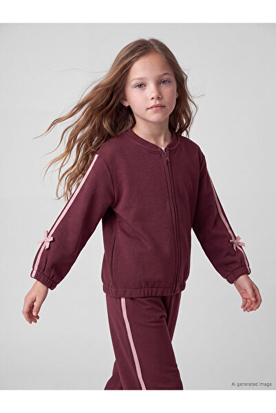 LC Waikiki Lcw Kids Burgundy 3 Thread Plain Girls' Zipper Sweatshirt with Nev...