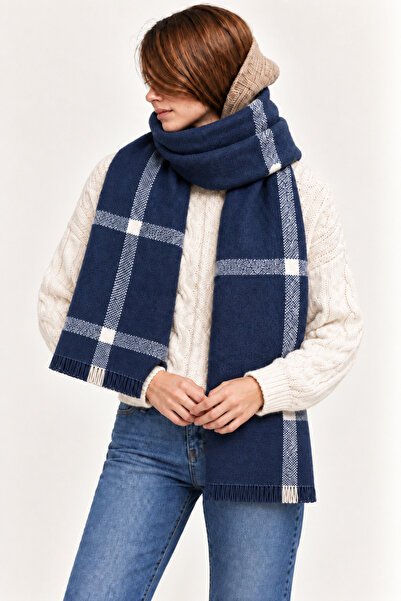 OUS Women's Navy Blue Plaid Oversized Soft Textured Tasseled Winter Shawl Sca...