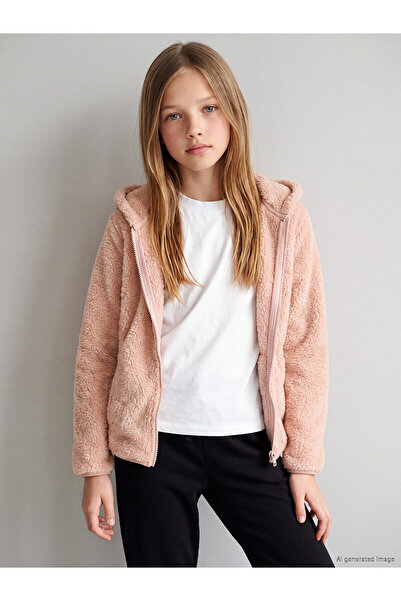 LC Waikiki Lcw Kids Pink Hooded Girls' Plush Zippered Sweatshirt with Nevavm ...