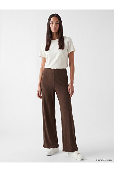 LC Waikiki Peak New Season Brown Women's Ribbed Trousers with Elastic Waist